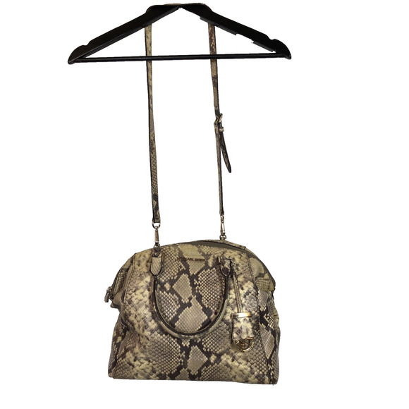 Michael Kors Riley Black Tan Beige Python Embossed Leather Satchel Crossbody - Picture 2 of 16
